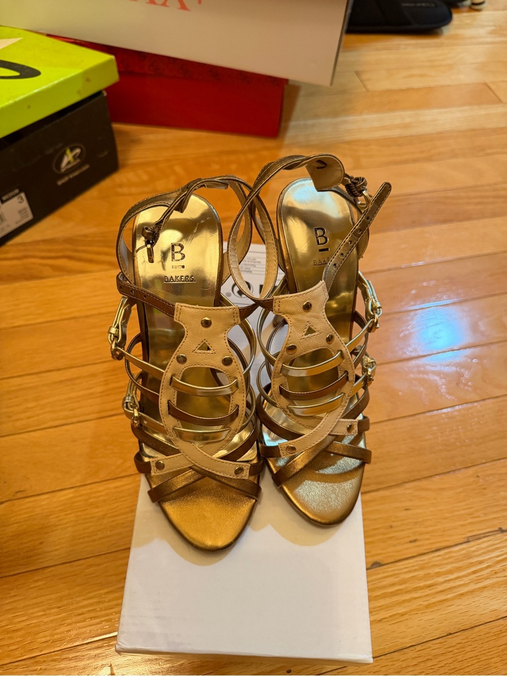 B Brian Atwood Strappy Studded Heels in Gold